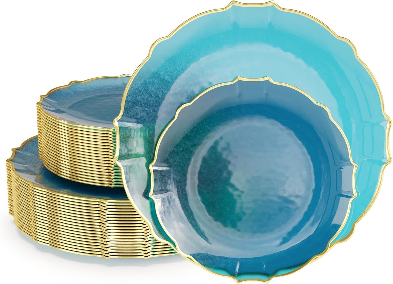 Trendables Plastic Plates for Party Fancy Plastic Dinner Plates For Guest 7.5 inch Dessert Plates & 10 Inch Thin Delicate Disposable Dinnerware Charger Plate Set